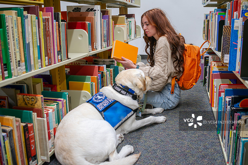年轻女性与服务犬坐在大学图书馆里翻阅书籍图片素材