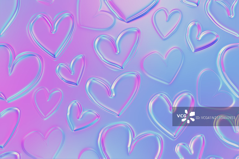 渐变抽象背景上的粉彩彩虹心形图案。粉色和蓝色调的闪亮彩虹心形图案，背景为柔和的渐变色。爱情情感，情人节庆祝活动。图片素材