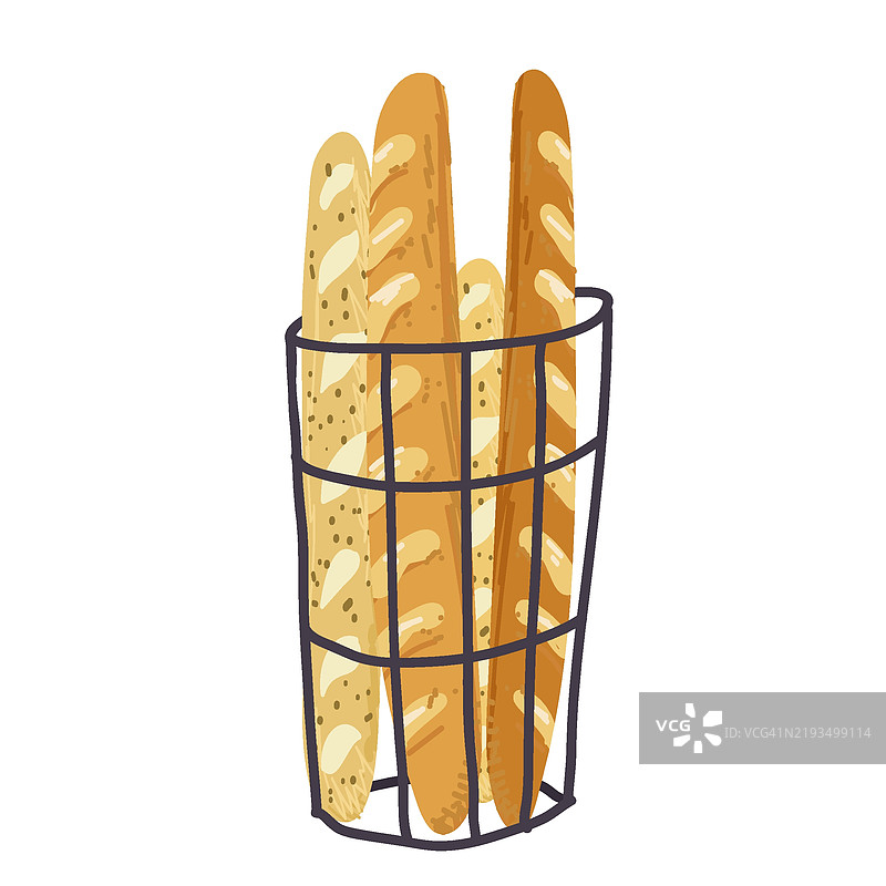 法式长棍面包在篮子里。新鲜出炉的全麦面包棒，外皮酥脆。自制食品。长棍面包，早餐产品。扁平矢量插图，手绘风格。图片素材