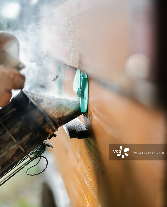 靠近木制蜂箱入口的养蜂烟熏器特写图片素材