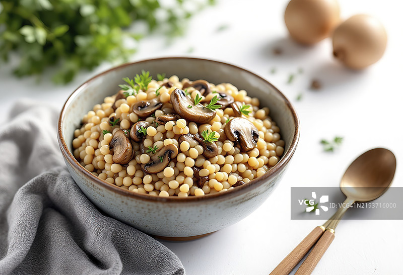 一只装有蘑菇酱的煮荞麦的陶瓷碗，背景为白色。图片素材