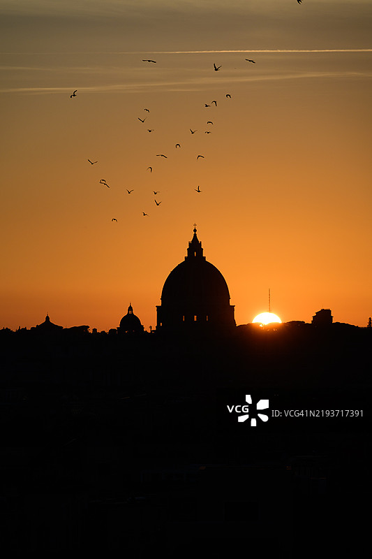 日落时分，梵蒂冈、罗马、拉齐奥、意大利的天空中飞翔的鸟类剪影图片素材