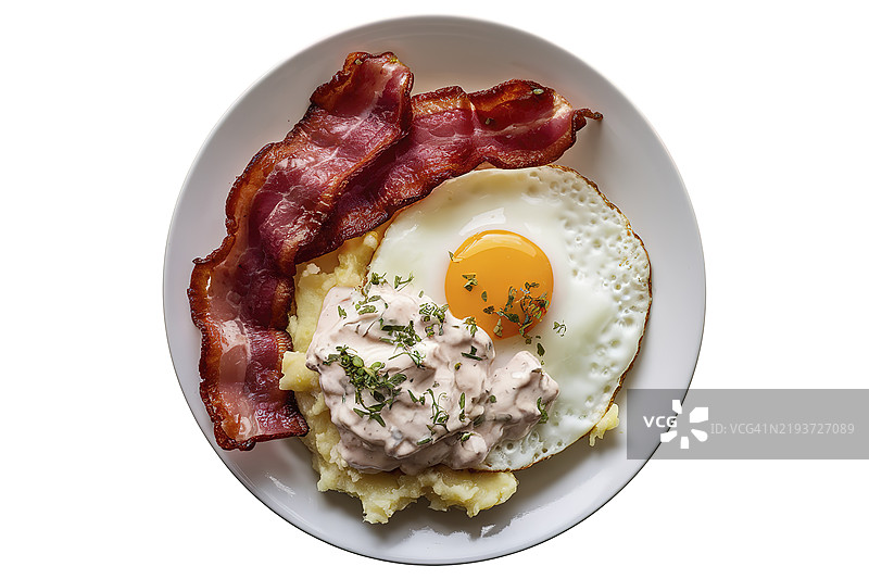 煎蛋、脆培根和土豆泥图片素材