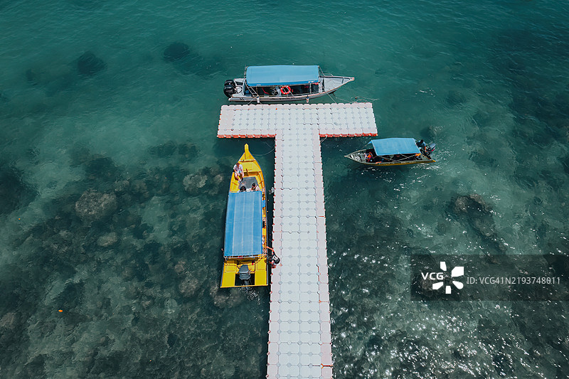 自然清澈蓝海的鸟瞰图，海上浮桥和船只，佩亨提安基奇岛，亚洲美丽的旅游目的地，夏季假期旅行。图片素材