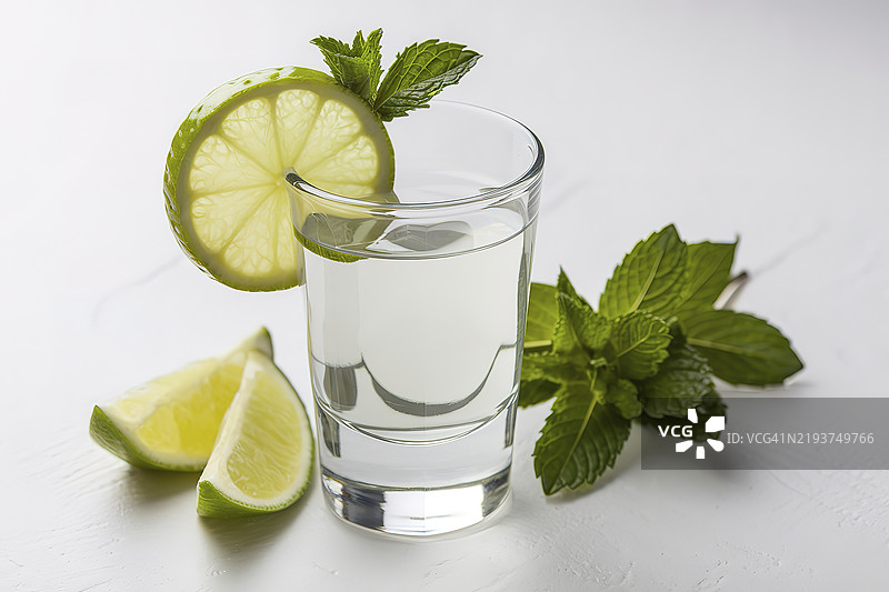 白色背景的龙舌兰酒杯，杯缘上放着一片青柠和一枝薄荷。图片素材
