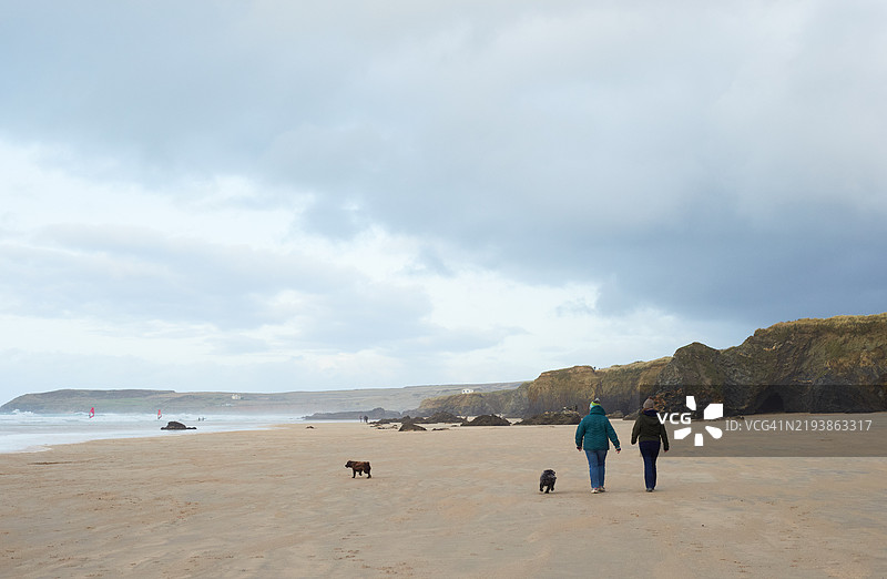 一家人在冬季沿着海滩遛狗图片素材