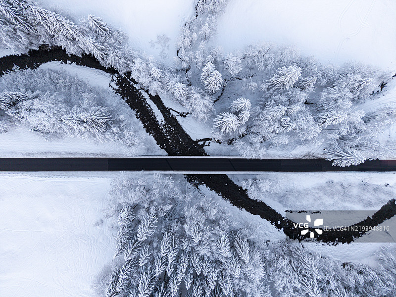 冬季风景的鸟瞰图，展现了一条道路和一条蜿蜒的河流图片素材