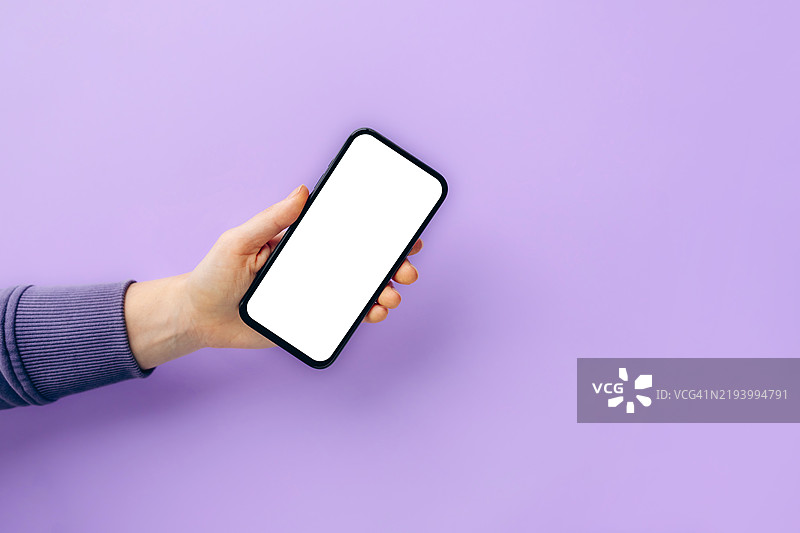 女性手持智能手机，屏幕为空白的白色，背景为时尚的薰衣草色，留有文本空间。图片素材