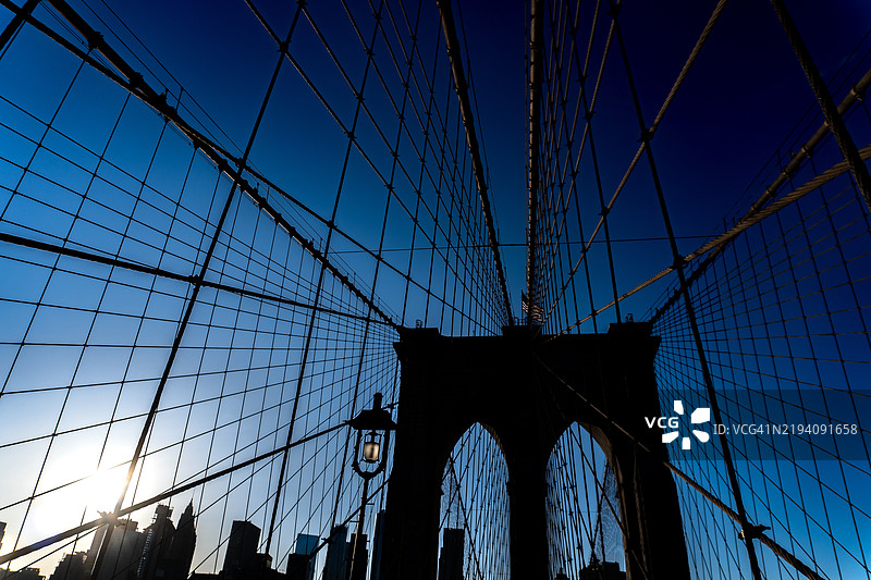 布鲁克林大桥框架下的对比天际线，纽约，美国图片素材
