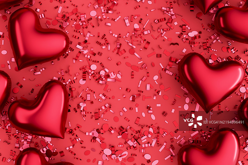 情人节节日横幅。明亮的红色、洋红色3D心形和五彩纸屑在柔和的粉色背景上。留有文本位置，空白空间，设计元素。爱的概念，浪漫，周年庆祝。图片素材