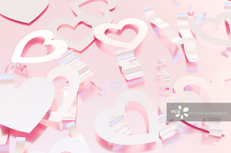 节日横幅。粉色和白色的各种心形装饰，五彩纸屑。情人节背景，适用于浪漫主题设计。3D图案，模板。周年纪念概念，爱情，浪漫。图片素材