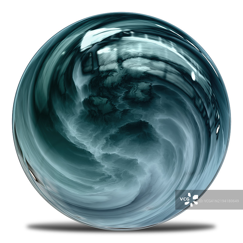 抽象旋转蓝色玻璃球，带有反射的水晶球。一个迷人的抽象球体，具有旋转的蓝色色调、光滑的反射和阴影。图片素材