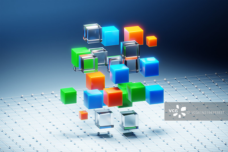 展示金融科技和投资生态系统的3D数据立方体，人工智能和机器学习概念。计算机生成图像。图片素材