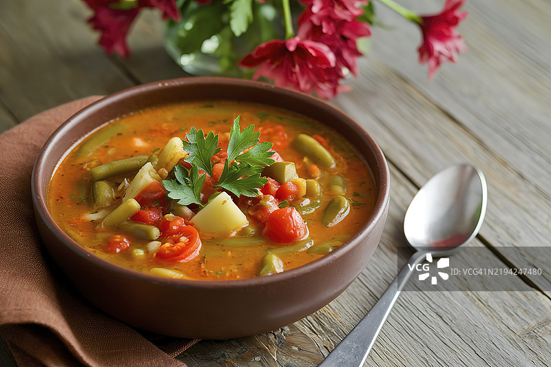 一张中景的木桌，上面放着一碗色彩鲜艳的蔬菜汤图片素材