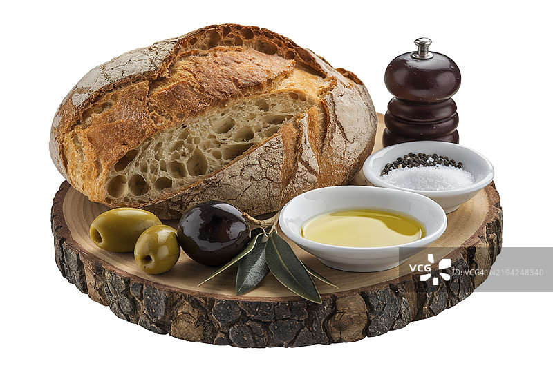 一张橄榄与自制面包一起呈现的照片，橄榄、橄榄油、盐和黑胡椒。图片素材
