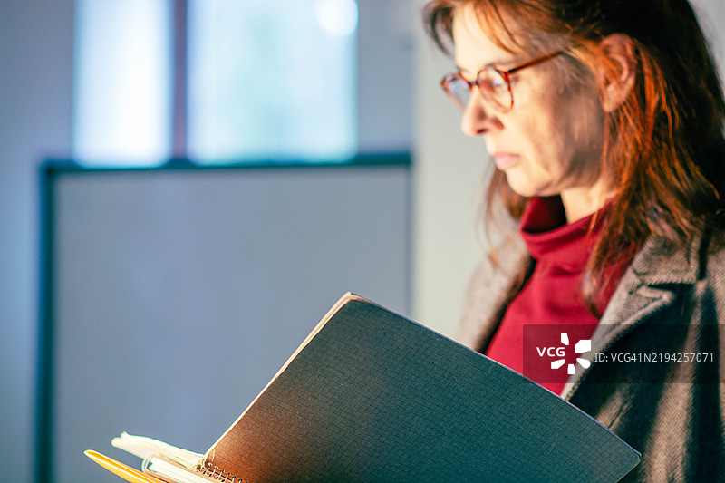 专注的成熟的女性在窗边阅读笔记本中的笔记图片素材