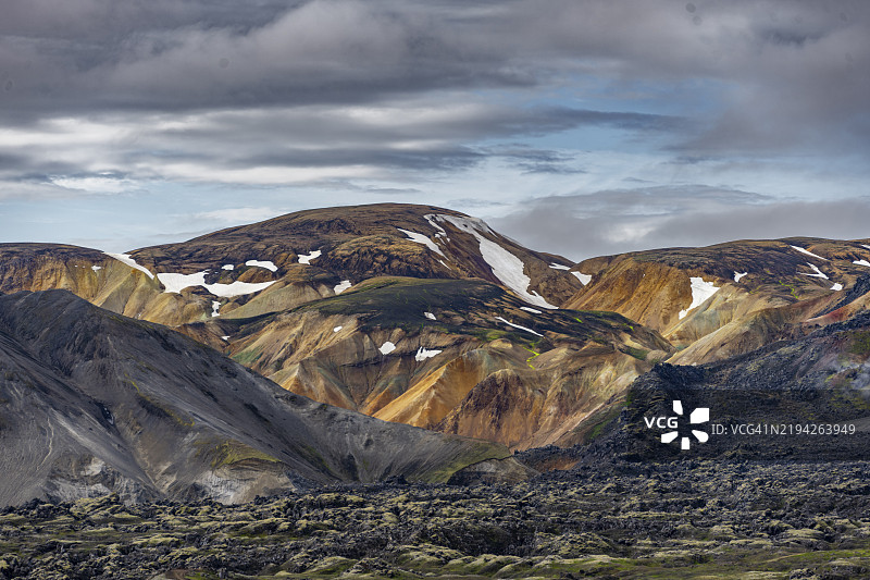 火山岩山脉，火山景观，色彩斑斓的侵蚀地貌与山脉，兰德曼纳劳卡，菲亚尔拉巴克自然保护区，冰岛高地，南部冰岛，欧洲图片素材