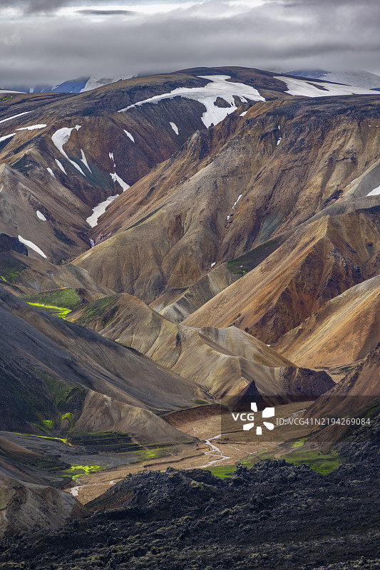 色彩斑斓的火山岩山脉之间的小河,火山景观,色彩丰富的侵蚀地貌,从苏杜尔纳穆尔峰俯瞰,兰德曼纳劳卡,菲亚尔拉巴克自然保护区,冰岛高地,南部冰岛,欧洲图片素材