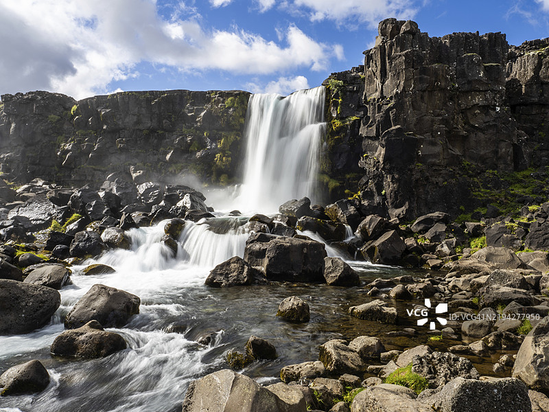 奥克拉尔福斯瀑布，辛格韦德利国家公园，冰岛，欧洲图片素材