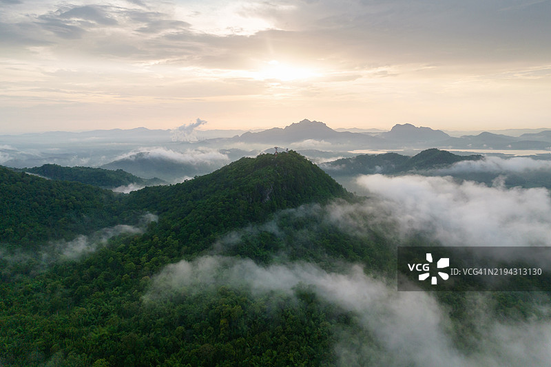 晨曦中的风景，金色的阳光，日出和雾气笼罩着森林。图片素材