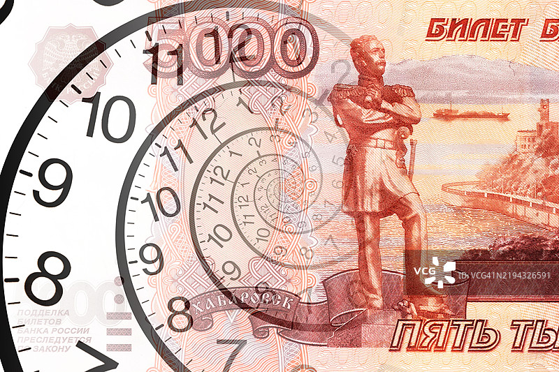 俄罗斯卢布钞票与时钟背景图片素材