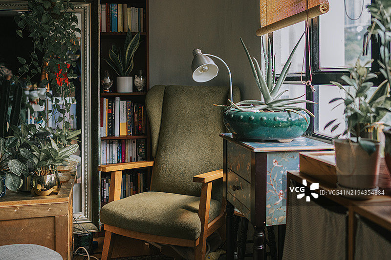 客厅角落，扶手椅旁有窗光，书架和室内植物相伴。图片素材