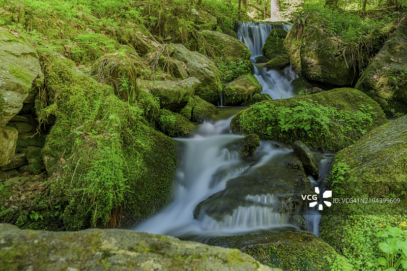 小瀑布从覆盖着苔藓的石头上流下,位于下巴伐利亚的纳格尔施泰因瀑布,周围是一片绿色森林。图片素材