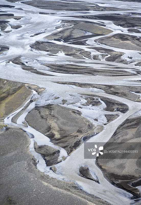 细节，结构，黑沙砾床中的河流走向，蜿蜒的河流，迪莫纳赫利尔，南部，冰岛，欧洲图片素材
