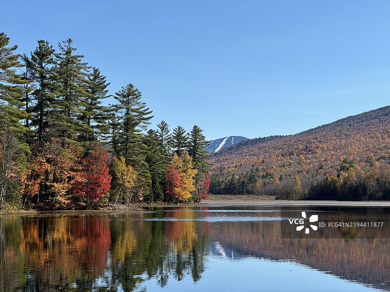 秋季清澈天空下的湖泊美景，奇滕登，佛蒙特州，美国图片素材