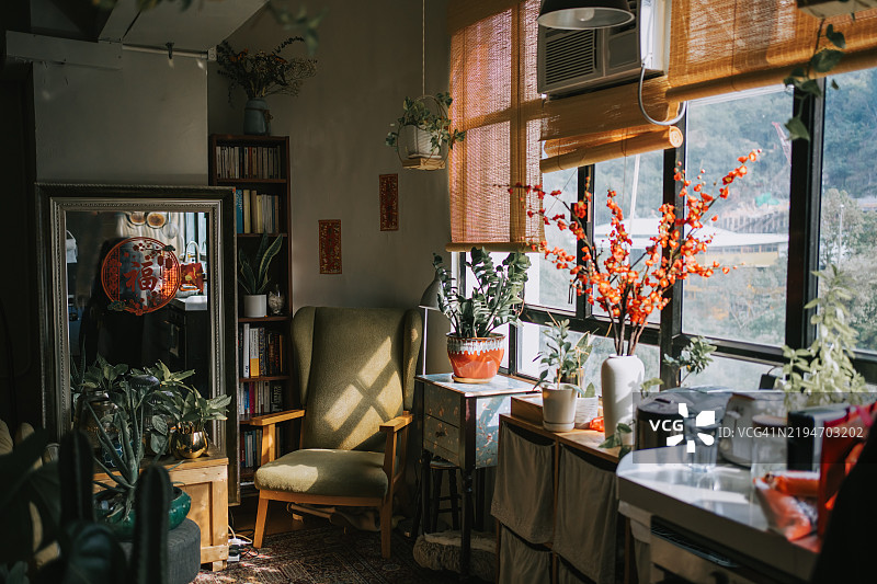 香港客厅的春节家居装饰角落，靠窗的扶手椅旁有书架和室内植物。图片素材