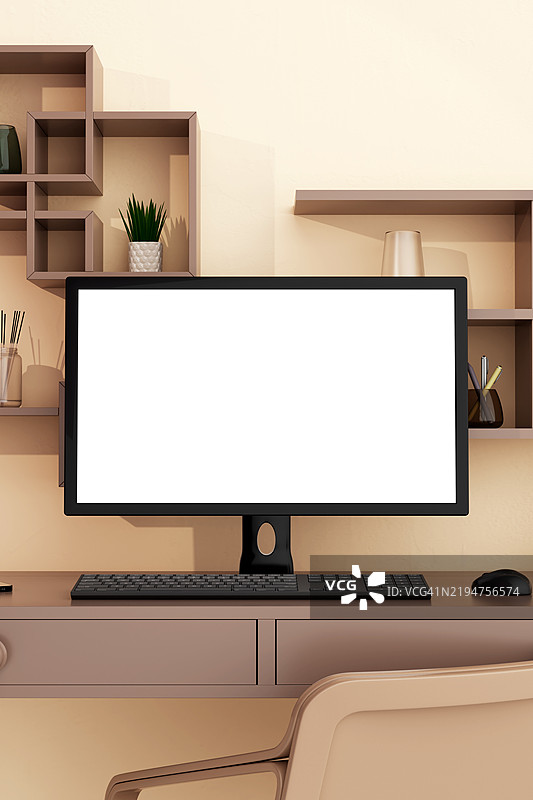 时尚阳光明媚的棕色和米色极简室内，桌上有电脑模型，书架和盆栽植物。空白屏幕供您设计使用。留白空间。3D竖版背景。文本位置。图片素材