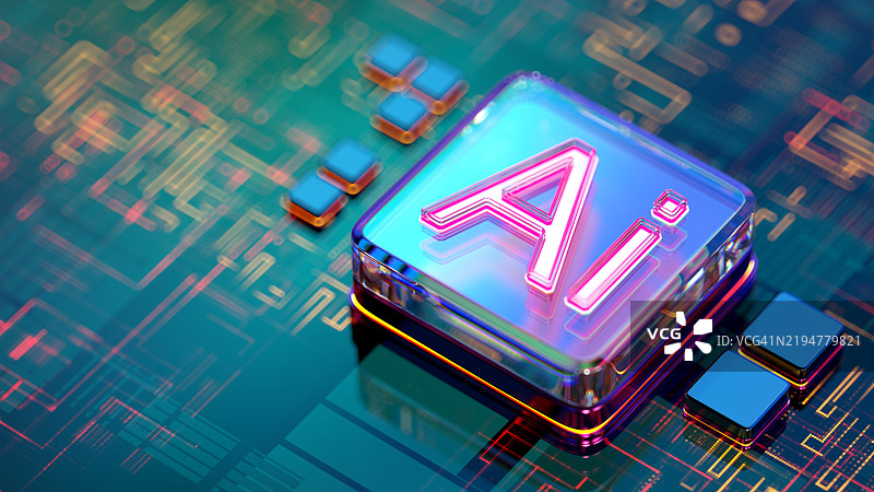 人工智能概念。数字CPU上的AI文本。图片素材