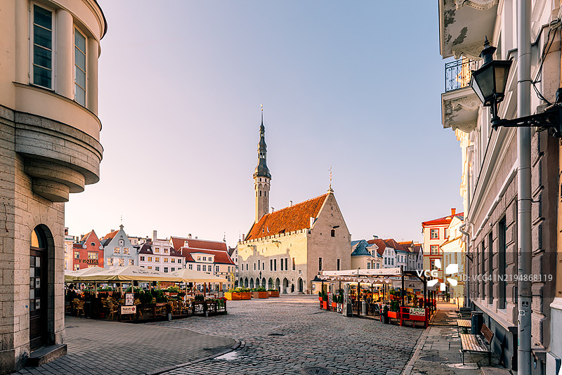 塔林，爱沙尼亚，阳光明媚的夏日早晨，市政厅广场和市政厅塔图片素材