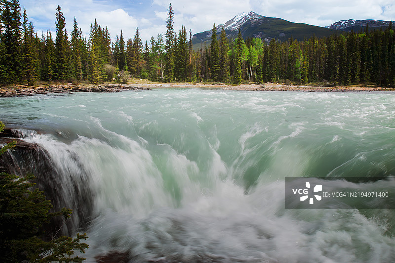 森林中河流流淌的美丽景色与天空相映成趣图片素材