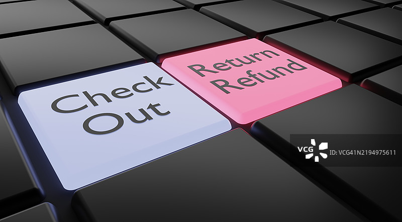 “结账”和“退货/退款”选项的钥匙，在线购物主题图片素材