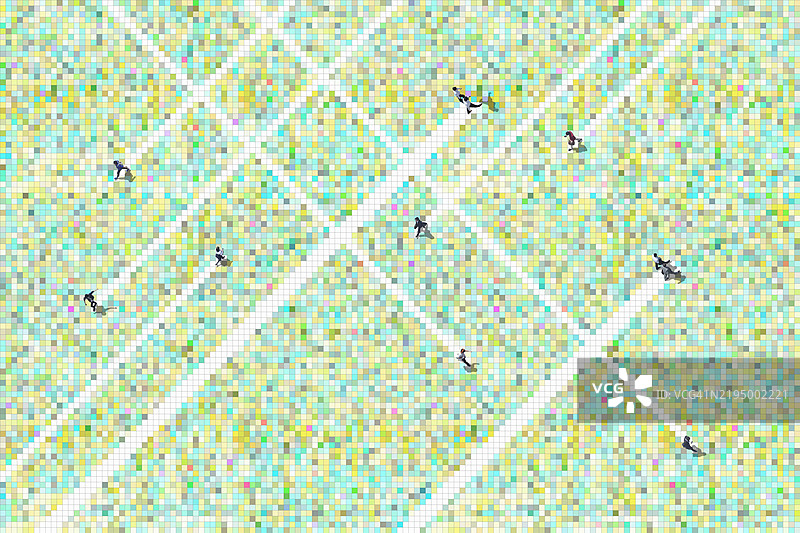 人们在由五彩斑斓的代码构成的网络空间中行走，数字合成图。图片素材