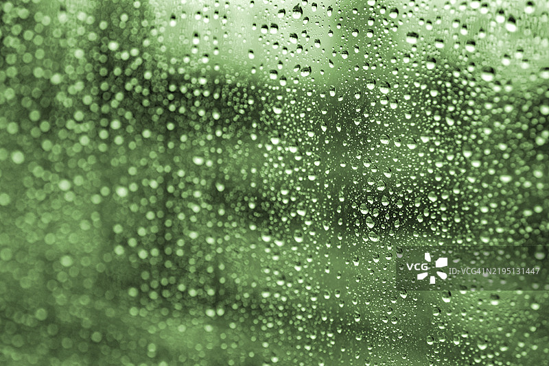 玻璃上的雨滴与模糊的绿色背景图片素材