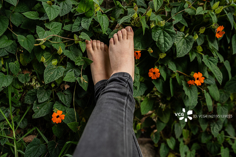 户外背景中，女人的脚部特写，周围有植物。图片素材