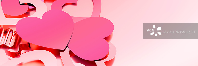 情人节背景，适用于浪漫主题设计。美丽的节日全景横幅。粉彩粉色各种心形装饰，五彩纸屑。3D模板。周年纪念概念，爱情，浪漫。图片素材