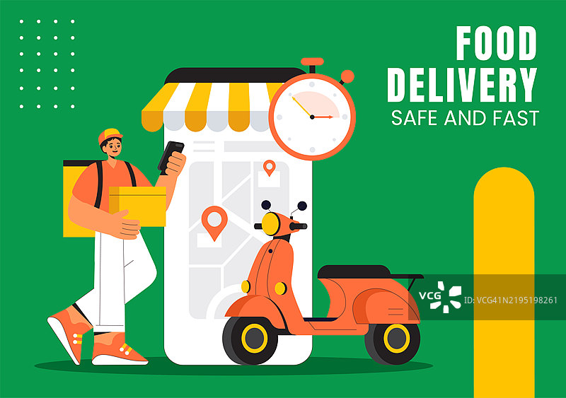 平面卡通食品配送服务设计用于社交媒体背景模板图片素材