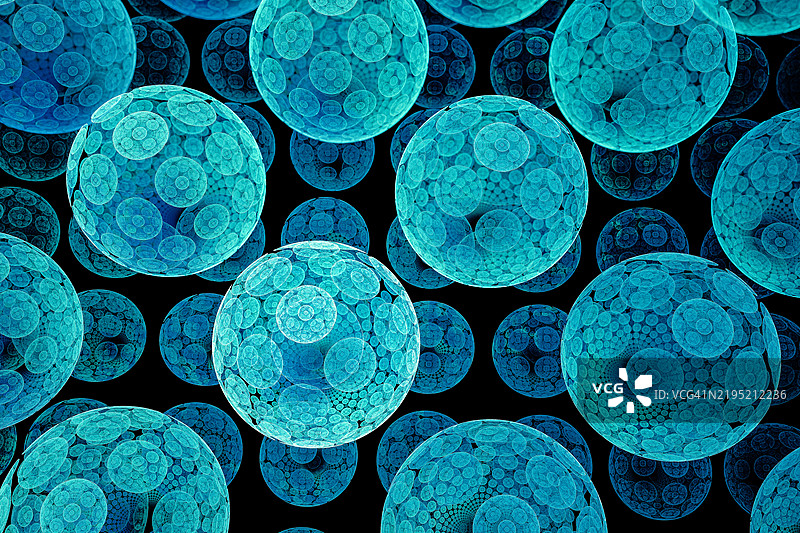 复杂蓝色图案的抽象3D球体。迷人的抽象设计，发光的3D球体在黑色背景上展现出精致的蓝色图案。图片素材