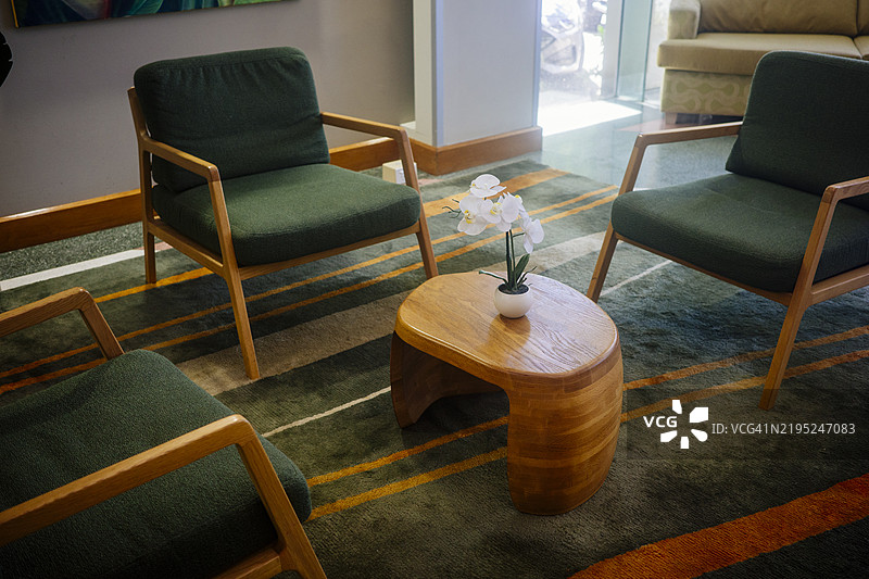 热带风格的沙发、椅子和一张桌子在客厅里图片素材