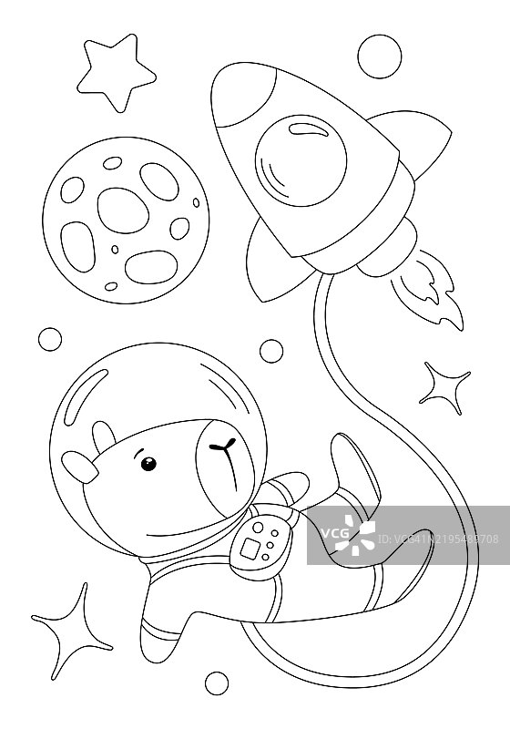 宇航员水豚、火箭和月球的涂色页图片素材