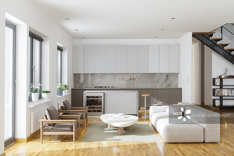 现代客厅室内设计，配有扶手椅、沙发、咖啡桌和开放式厨房图片素材