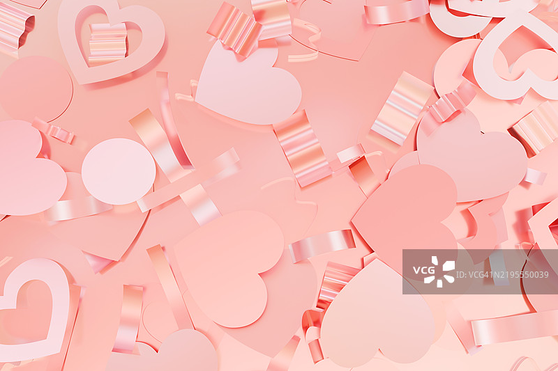 情人节背景，适用于浪漫主题设计。节日横幅。粉彩粉色各种心形装饰，五彩纸屑飘落。3D模板，图案。周年纪念概念，爱情，浪漫。图片素材