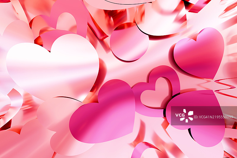 情人节浪漫主题设计背景。美丽明亮的节日卡片，横幅。粉色各种心形装饰，五彩纸屑。3D空白模板。周年纪念，爱情，浪漫。图片素材