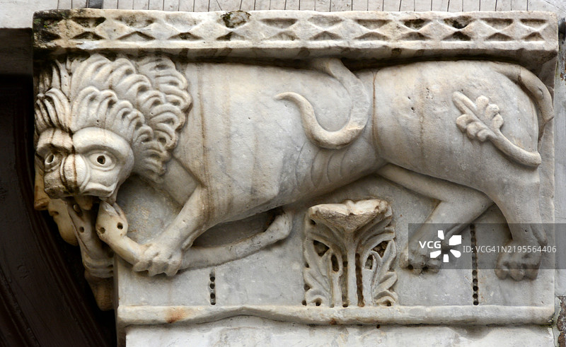 卢卡 - 圣阿纳斯塔西奥教堂 - 装饰中央门户的两个狮子之一图片素材