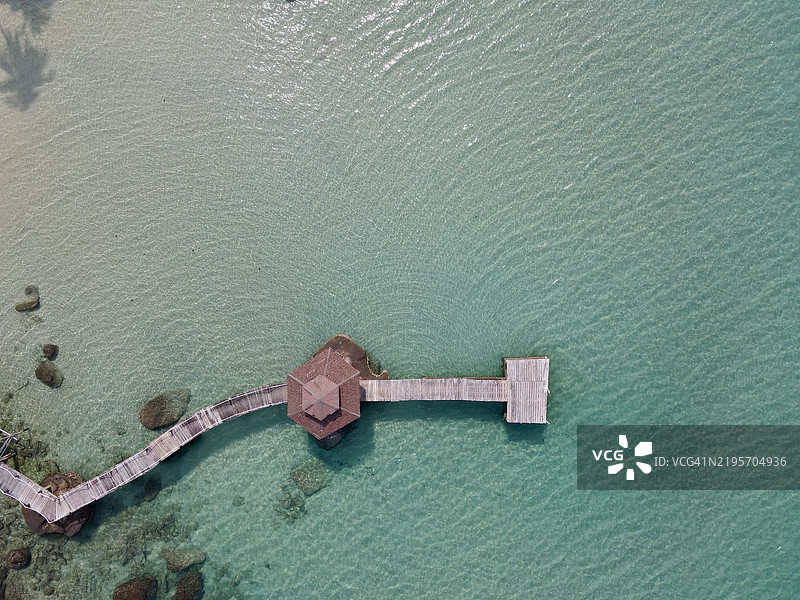 2025年可可岛 - 美丽海洋中的木栈道，水色透明的绿松石色。图片素材