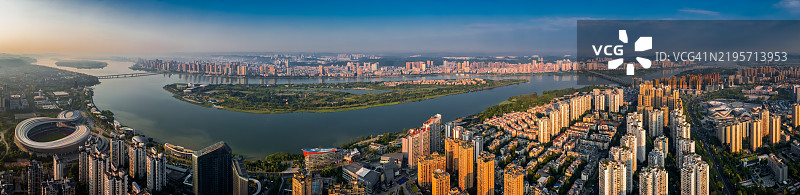 四川遂宁日出时分的城市风景航拍摄影图片素材