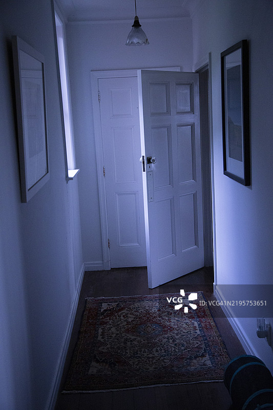 Indoor hallway with a closed white door at the end, illuminated by a soft light, surrounded by dark walls, Auckland, New Zealand图片素材
